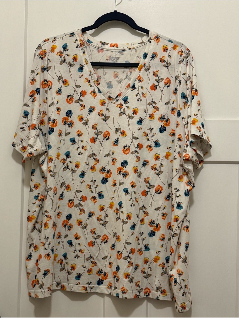 Land's End V-neck Tee in Cream with Orange & Teal Flowers